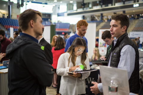 The University of New Hampshire holds the Career and Internship Fair twice a year at the Whittemore Center. Students and Employers are encouraged to meet and network.