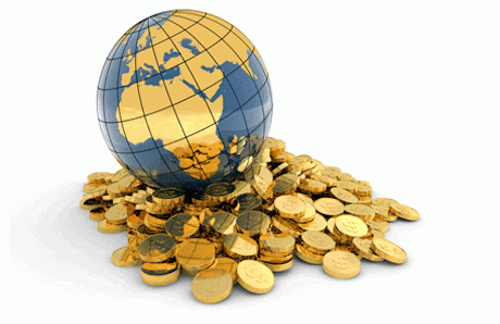 stock photo of globe and gold coins