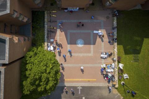 drone view of campus courtyard