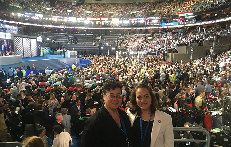 UNH professor Marla Brettschneider, chair of the political science department and coordinator of the women’s studies program, and junior Tali Cherim at the Democratic National Convention