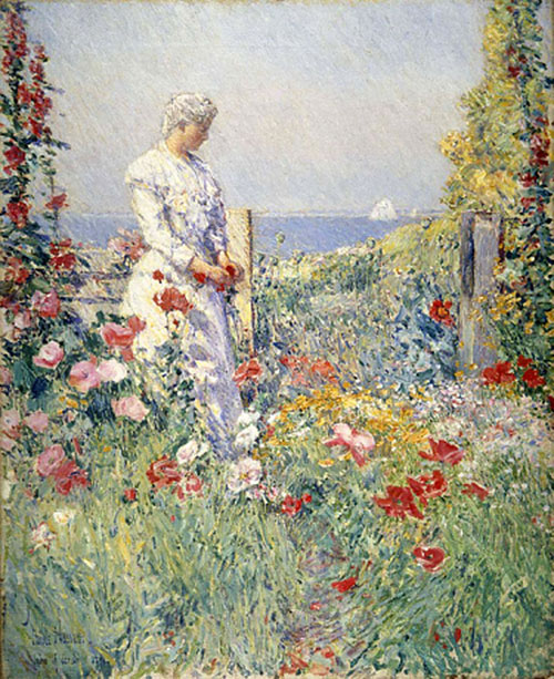 a painting by Childe Hassam of a woman in a flower garden