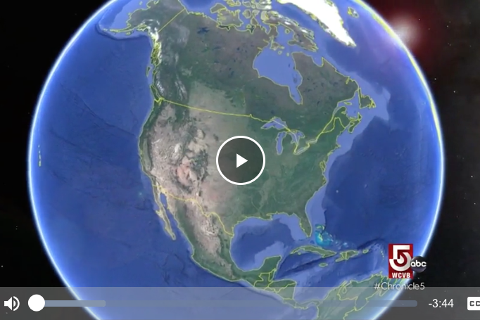 Screen grab of WCVB video about UNH charting world's oceans - shows planet earth