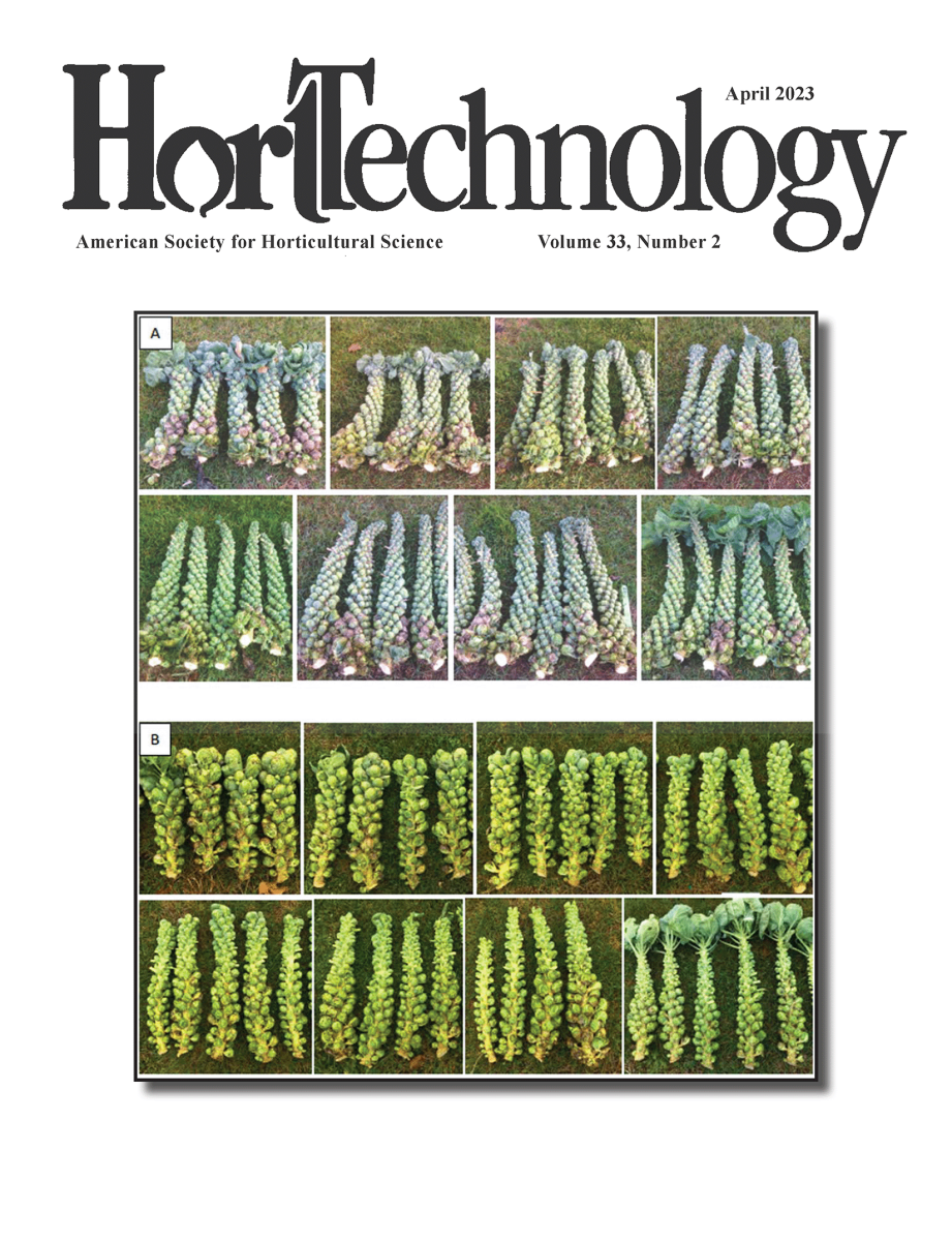 Cover image of HortTechnology. The image shows a research journal cover, along with the title text HortTechnology. Below are four rows of images showing harvested Brussels sprouts, all of which have been topped.
