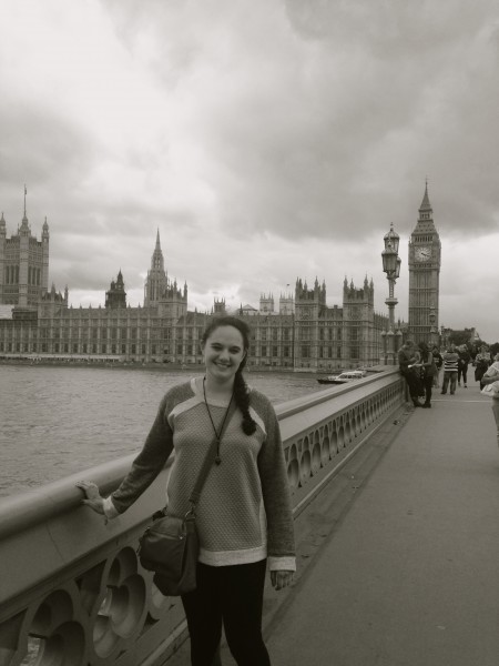 UNH student Sarah Milicia on Westminster Bridge with the Houses of Parliament behind her