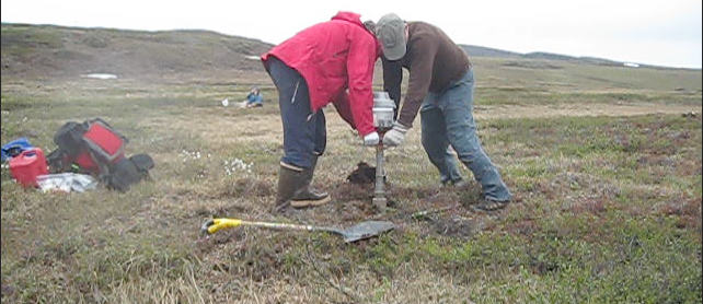 UNH PhD candidate Claire Treat drilling soil samples Alaska