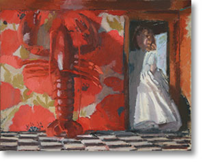 Painting of lobster and girl in doorway