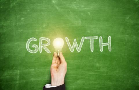 The word growth with a lightbulb used as the letter "o"