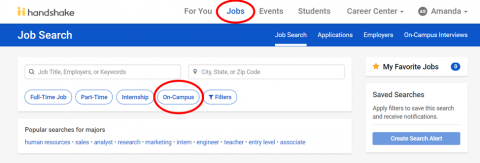 Handshake screen shot of job search filter
