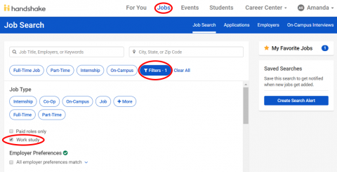 Handshake screenshot of work-study filter