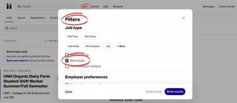 Image of Handshake filter options for work study positions
