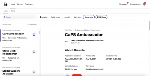 Screenshot of Handshake search and filter feature. The shot shows the options bar at the top of the screenshot and the "Jobs" choice selected, then filtered by "On-Campus" and then "All filters" under the options bar. Below the options bar, on the left side of the screenshot are all the applicable jobs tagged On-campus, on the right is a job selected from that list on the left.