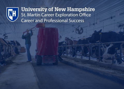 Student working in UNH dairy barns with dark blue overlay and the St. Martin Career logo