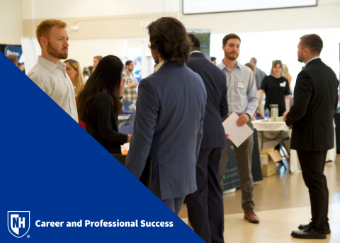 Student and employer interacting at Accounting Career Fair with CaPS logo in bottom left corner