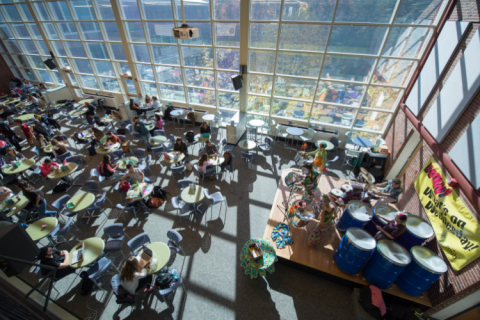 Aerial of Memorial Union Building Union Court seating area