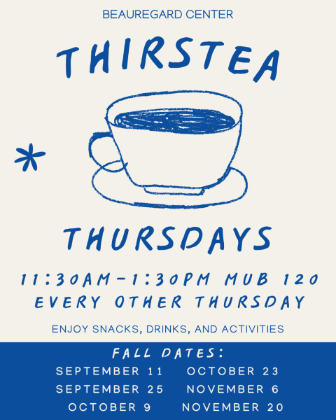Fall 2025 ThirsTea Thursday poster with blue tea cup and dates listed