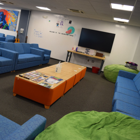 Study and gathering spaces included in the Beauregard Center with couches and beanbag chairs
