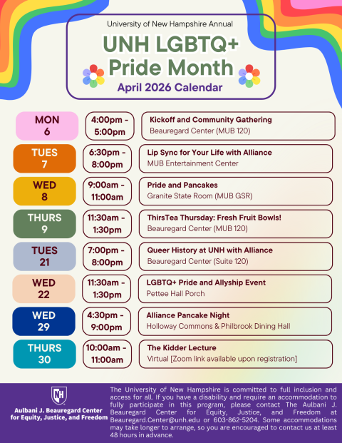 Decorative image only, event details included on webpage, 2026 LGBTQ+ Pride Month Calendar of Events all details included below with rainbow accents around the border
