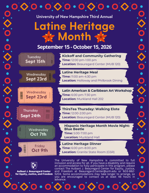 Decorative image only, details of events included on web page, blue poster with red and orange accents outlining the events for 2026 Latine Heritage Month