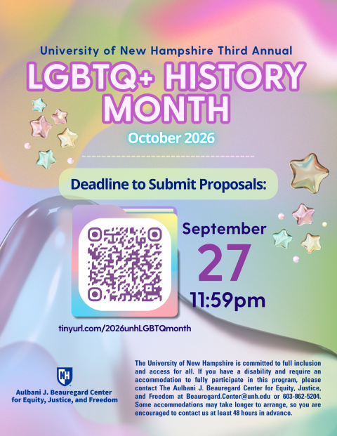 Decorative image, all information included on website: Pastel pink, green, blue, and purple background with star highlights discussing LGBTQ+ History Month's proposal submission deadline