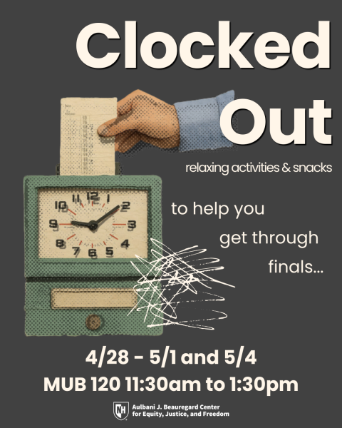 Decorative image of a hand holding a timeclock punch out ticket that says "Clocked Out: Relaxing activities and snacks to help you get through finals"