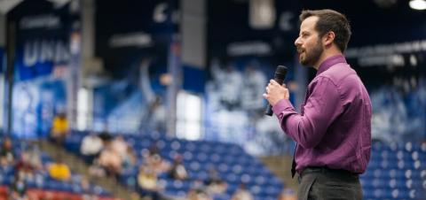 Dean speaking at orientation