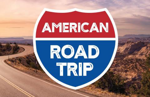 American Road Trip Road Sign with Road Photo