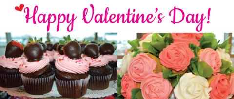 Happy Valentines Day with Pink Cupcakes and Flower Cupcakes