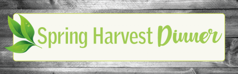 Spring Harvest Dinner text, green leaf, wood background