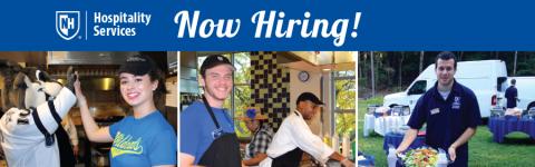 Now Hiring Banner - Students working in Dining Halls and Concessions
