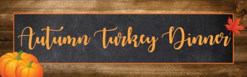 Autumn Turkey Dinner Graphic with pumpkins and fall leaf