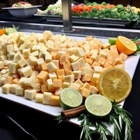 Various cheeses with lime and orange decor