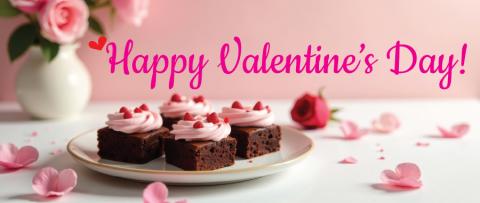 Happy Valentine's Day Text with Brownies and pink frosting with hearts