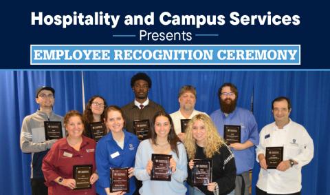 Employee Recognition Ceremony text and photo of staff with awards
