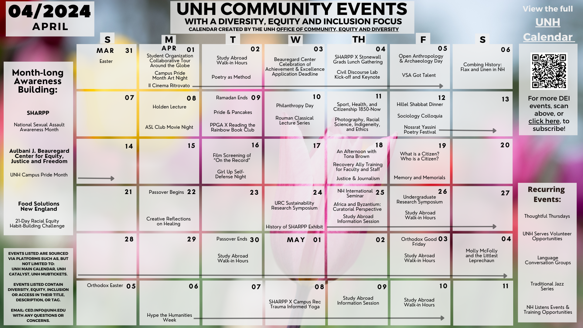 Calendar highlighting events the UNH community is sponsoring related to diversity, equity and inclusion for the month of April 2024..