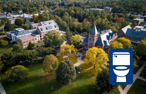 Campus landscape with restroom icon