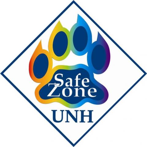 The Safe Zones sticker features a rainbow UNH wildcat paw with the words Safe Zone and UNH.