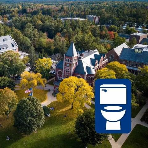 Gender inclusive restrooms icon over photo of Thompson Hall