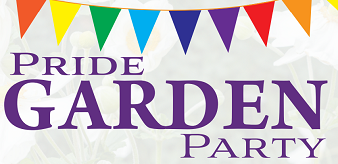 rainbow banner with purple Pride Garden Party lettering