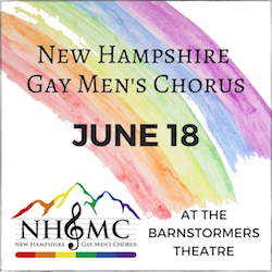 flyer with rainbow stripes and music clef in bottom left