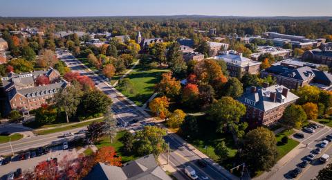 An aerial shot of campus in the fall