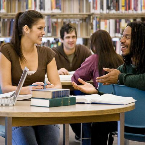 Students work at a table in the library