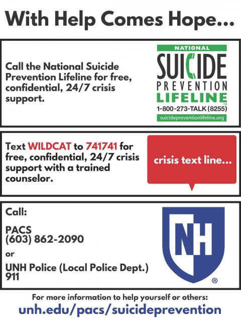 suicide prevention flyer. PACS phone: 603-862-2090. UNH police: 911. Text WILDCAT to 741741.