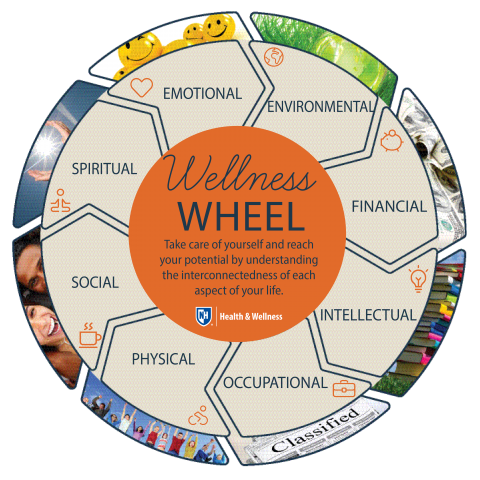 UNH Health & Wellness Wellness Wheel with dimension titiles