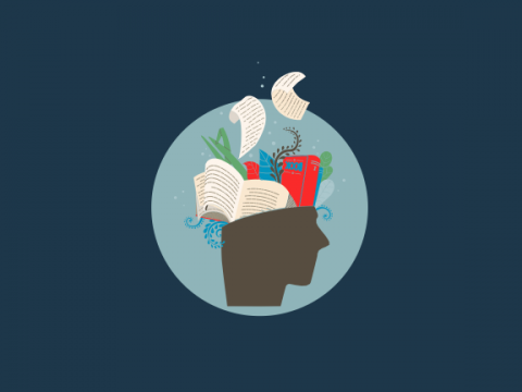 A head with books, pages, and leaves coming out the top