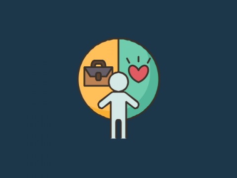 A person with a briefcase on its left side and a heart on its right side
