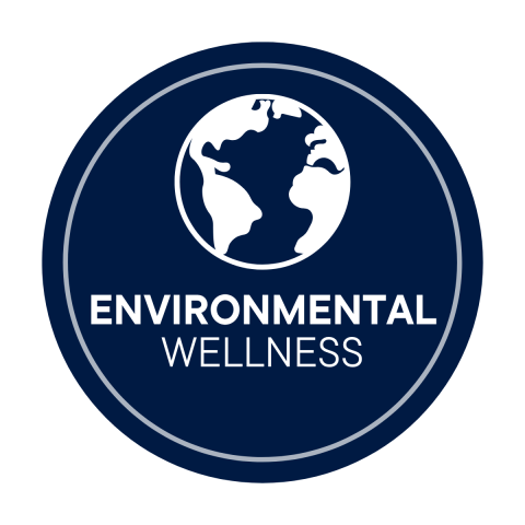 Blue circle with a globe icon andwhite text that says environmental wellness. 