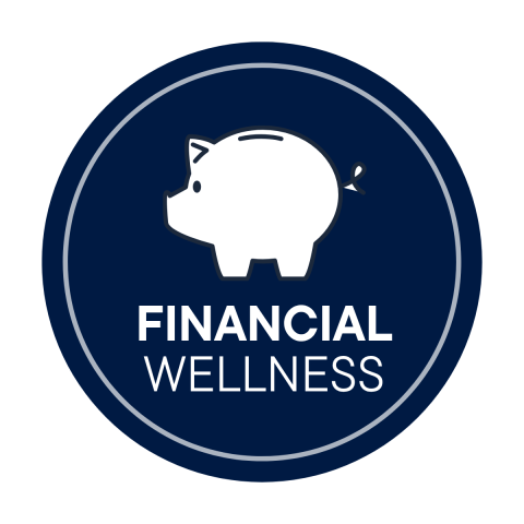 Blue circle with white icon of a piggy bank and the text financial wellness