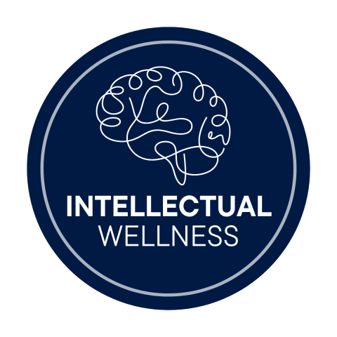Blue circle with a brain icon and white text that says intellectual wellness. 