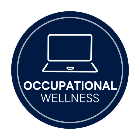 Blue circle with a laptop icon and white text that says occupational wellness.