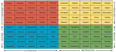 The Mood Meter, four quadrants in the colors of red, blue, yellow, and green and each quadrant lists a moods. The axis indicate each quadrant's level of energy and pleasantness.